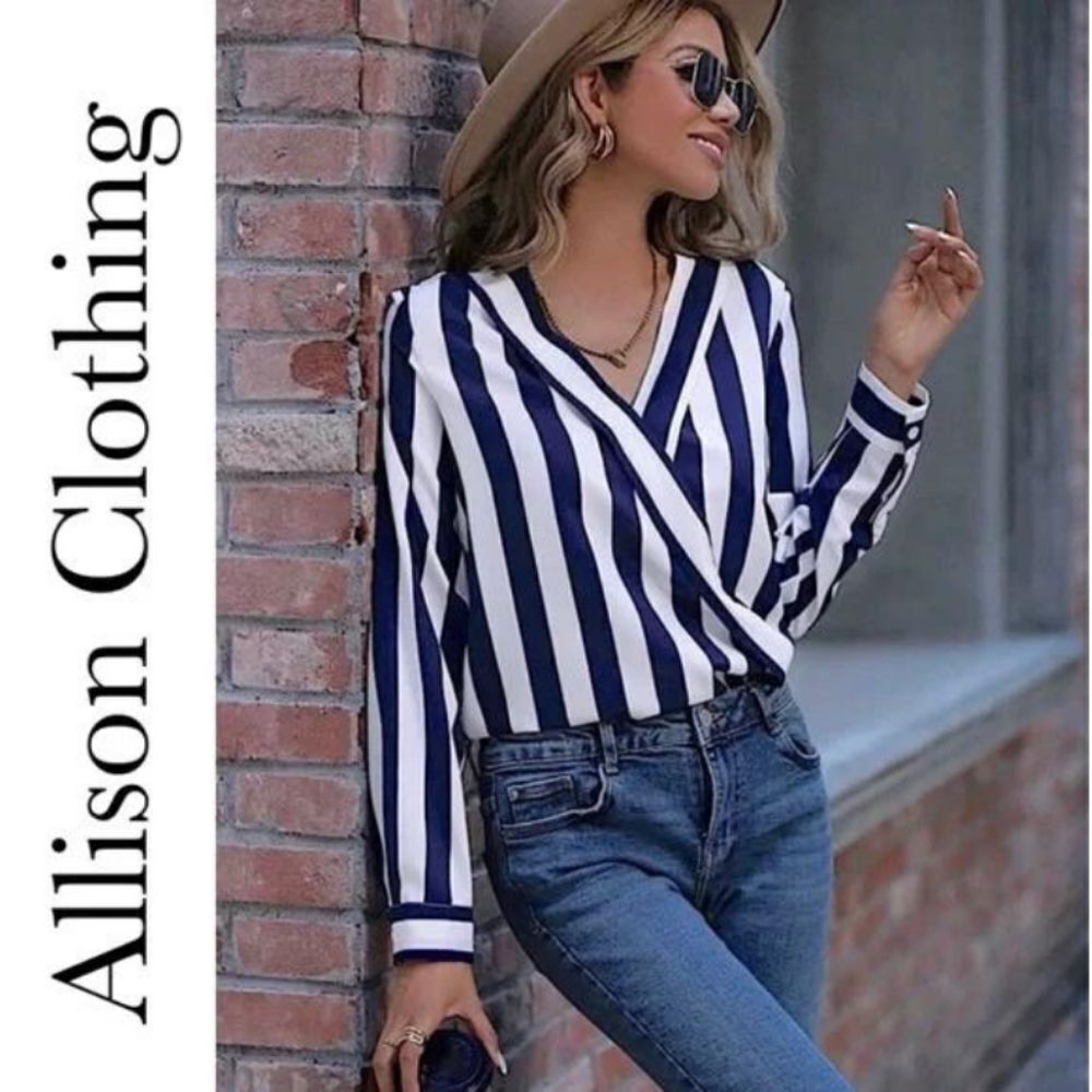 BLUE and White Striped Long Sleeve Blouse S-M-L-XL